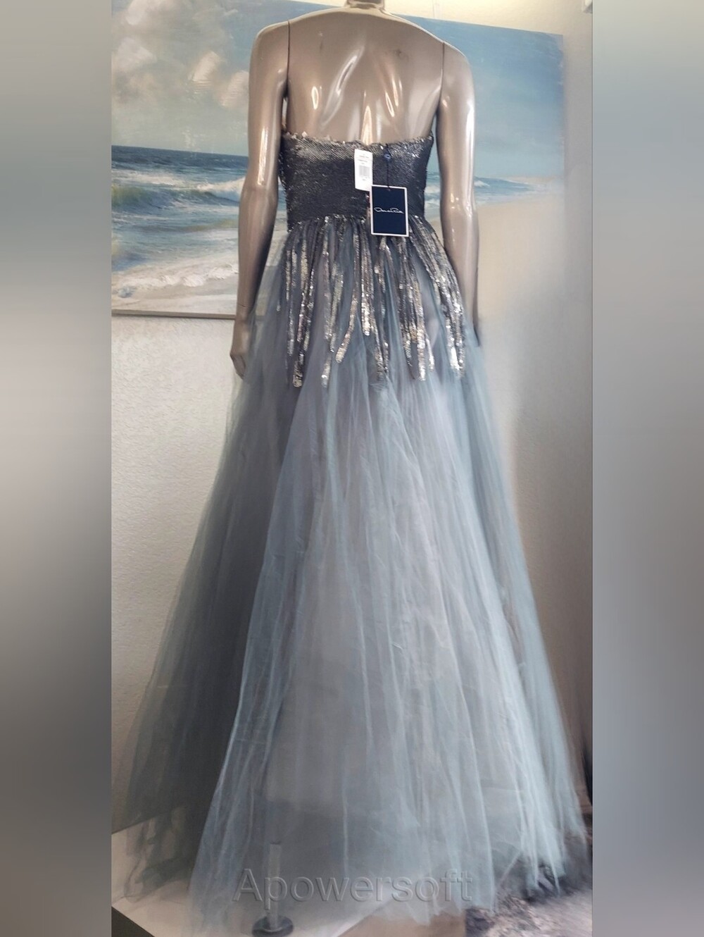 $13,900 NEW W. TAG OSCAR DE LA RENTA SLATE BLUE SILVER SEQUIN TULLE GOWN US 8 - Picture 5 of 12